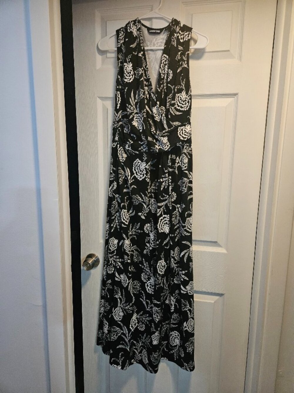 Lands End Halter Dress Black and White with Flower Design